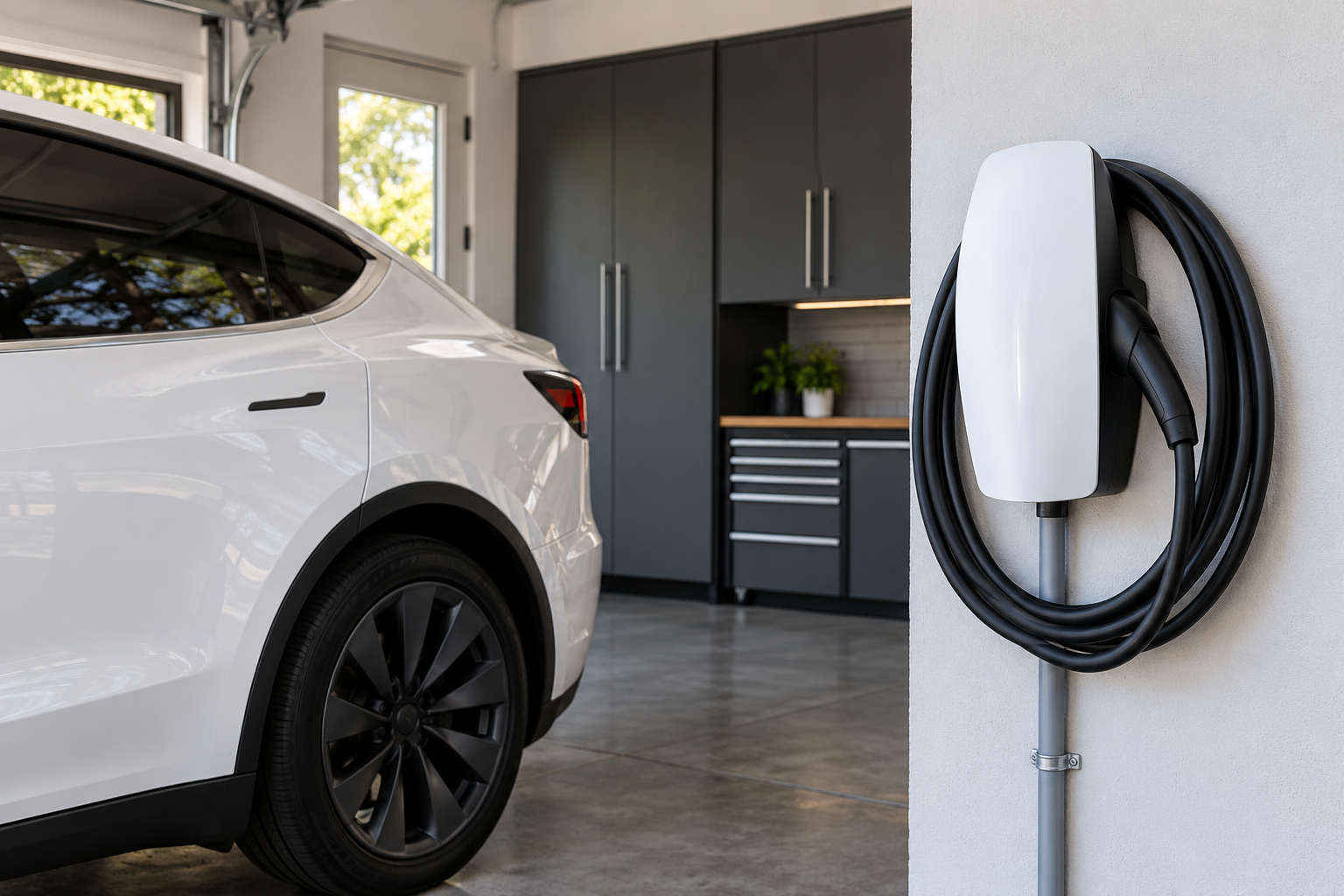 White EV wall connector in a residential garage
